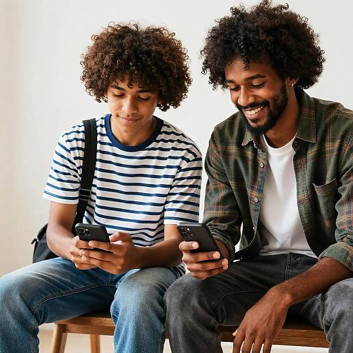 Two Dark-Skinned Boys Sitting with Phones