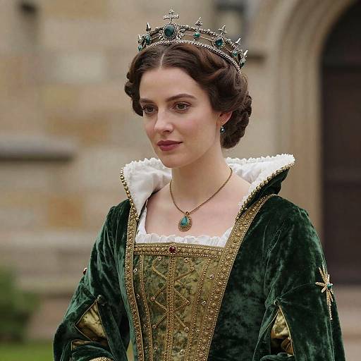 Medieval Queen in Green Dress and Crown