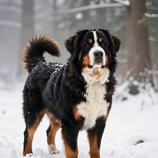 Photograph of a black, white, and brown Bernese Mountain Dog standing in a snowy forest, with snowflakes on its fur and a curious