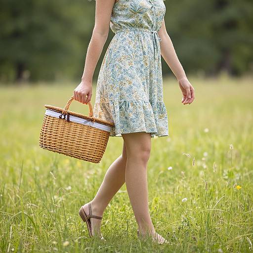 Photograph of a woman in a floral dress, holding a wicker basket, walking through a sunlit, grassy meadow.