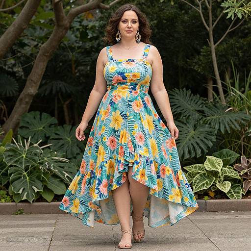 Photograph of a curvy woman with dark curly hair, wearing a colorful floral dress, standing outdoors on a paved path, surrounded by lush greenery