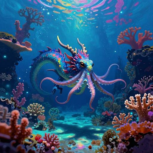 Vibrant digital art of a multicolored, horned octopus-like creature swimming through a vivid, colorful coral reef underwater scene.