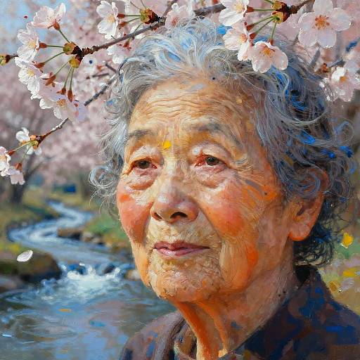 Surreal Elderly Portrait with Cherry Blossoms