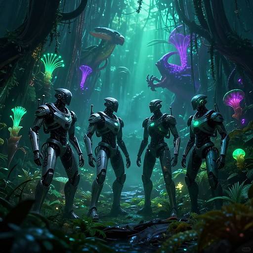Digital art: Four futuristic, black armored robots stand in a glowing, bioluminescent forest with alien creatures, vibrant mushrooms, and mystical light beams