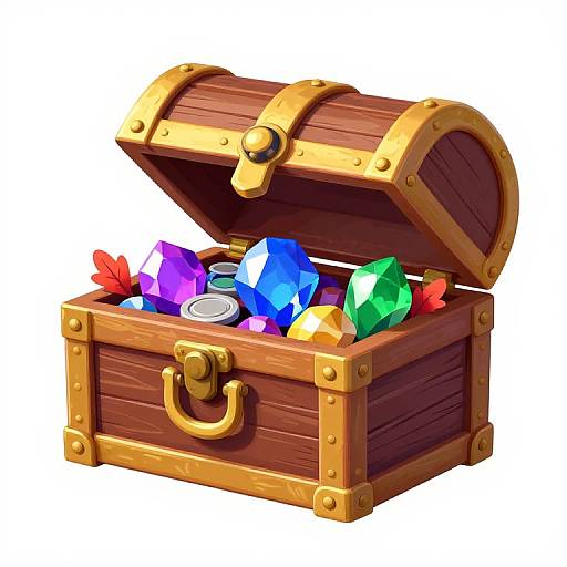 Colorful treasure chest with golden accents, open lid revealing vibrant gemstones and a silver coin, illustrated in a bright, cartoon style.