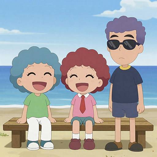 Three Friends by the Ocean Bench