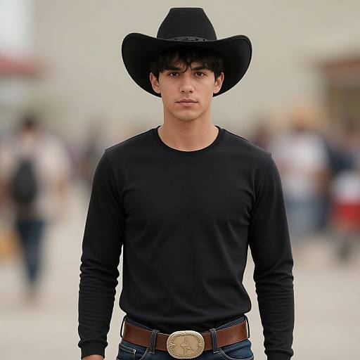 Photograph of a young man with medium skin, black curly hair, wearing a black cowboy hat, black long-sleeve shirt, brown belt with