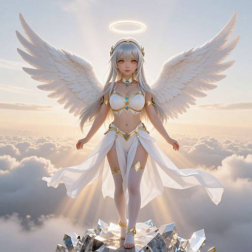 Digital art of a white-haired, angelic woman with large wings, halo, and white, gold-accented attire, standing on crystal rocks above