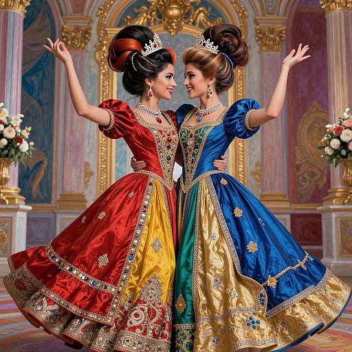 Two elegant women in elaborate, colorful Renaissance-style dresses with gold and gem-embellished designs, holding hands, smiling, and standing in a grand