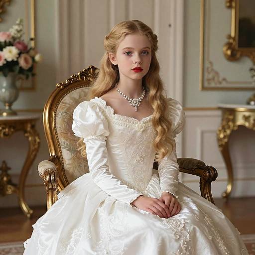 Photograph of a young, fair-skinned blonde girl with long wavy hair, wearing a white, lace-trimmed, puffed-slee