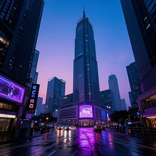Photograph of a neon-lit, rainy urban cityscape at dusk with a tall skyscraper centered, surrounded by illuminated buildings, vibrant purple and blue