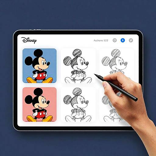 Photograph of a hand holding a black pen drawing on a tablet showing Disney's Mickey Mouse sketches in two panels: colored and black-and-white. Blue