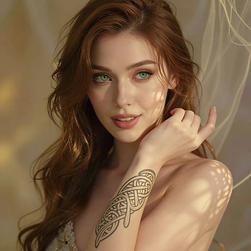 Photograph of a beautiful young woman with long brown hair, green eyes, and intricate tattoo on her right arm, smiling softly against a sunlit,