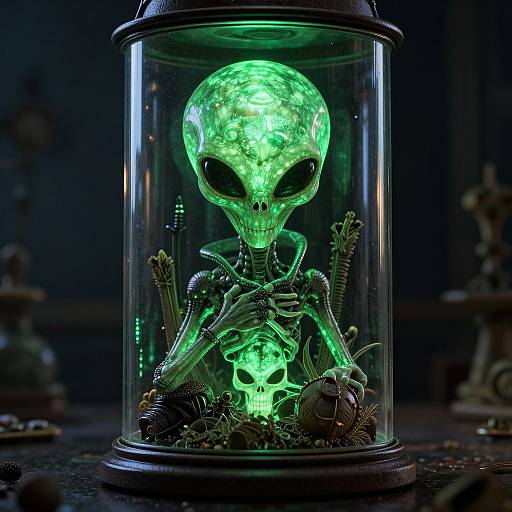 Photograph of a glowing green skeletal figure with a full moon skull, holding a smaller skull, inside a transparent cylindrical jar, surrounded by dark, mysterious