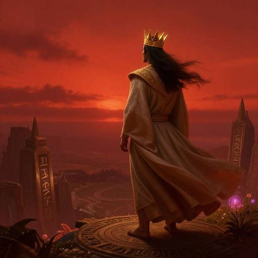 Digital painting of a crowned, long-haired king in flowing robe, standing on a circular stone platform, gazing at a fiery red sunset over a mystical