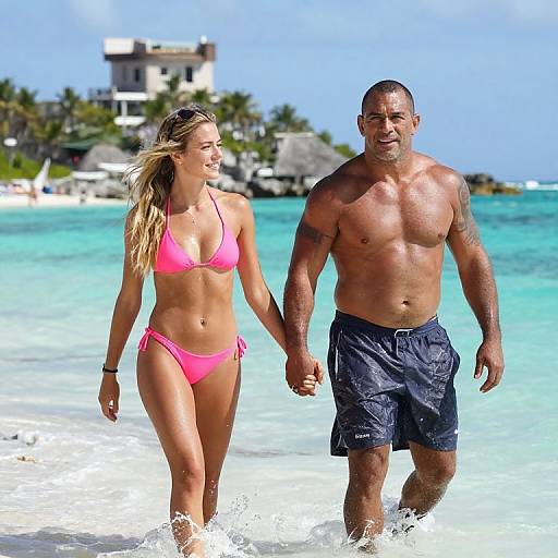 Photograph of a fit, blonde woman in a pink bikini and a muscular, bald man in dark blue trunks holding hands on a sunny, turquoise