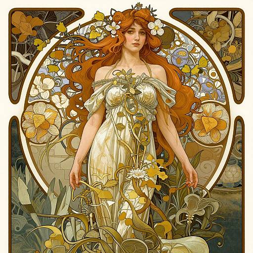 Digital art of a fair-skinned, red-haired woman with flowing hair, wearing an off-shoulder, white floral dress, surrounded by vibrant flowers