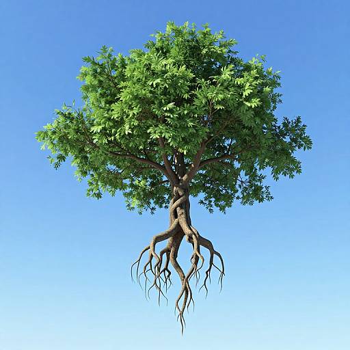 Digital illustration of a lush, green tree with exposed, intricate roots floating against a clear, bright blue sky.