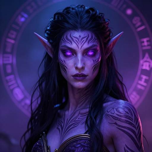 Digital fantasy portrait of a dark-haired, purple-eyed elf woman with intricate black tattoos, pointed ears, and glowing purple light in the background.