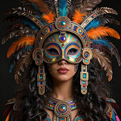 Photograph of a woman with dark curly hair, wearing an elaborate, colorful feathered headdress and ornate mask, adorned with blue, orange,