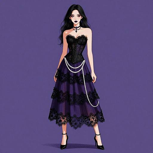 Digital illustration of a pale-skinned, black-haired woman in a strapless, black lace dress with pearl chains, black high heels, and dark lipstick