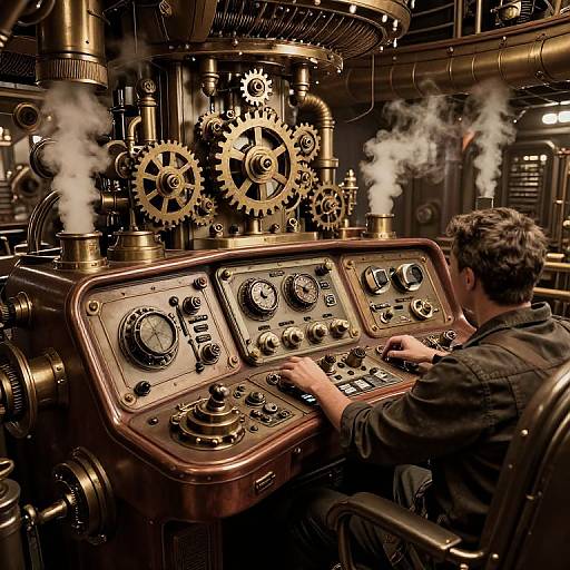 Photograph of a man operating a steam-powered, brass control panel with numerous gears and dials in an industrial, steampunk-style workshop.