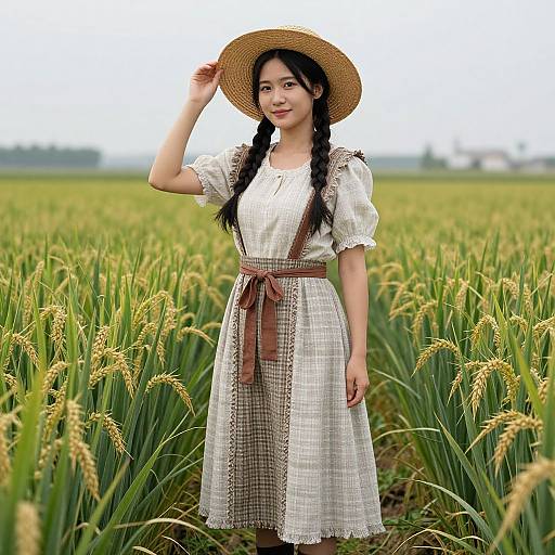 Photograph of an Asian woman with long braids, wearing a white checkered dress, brown apron, and straw hat, standing in a green