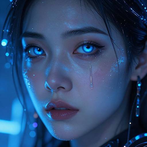 Digital portrait of a crying young Asian woman with glowing blue eyes, wet skin, and dark hair, illuminated by blue light. Tears streak her face,