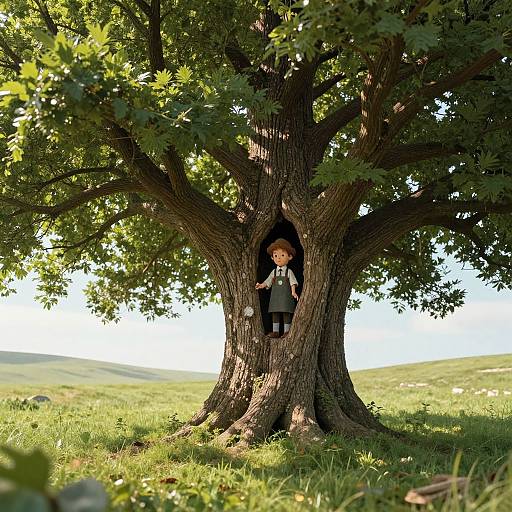 Photograph of a young child with curly hair, wearing a black shirt, standing in a hollow of a large, leafy tree, in a sun