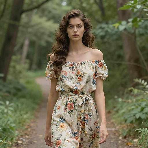 Young Woman in Vintage Floral Dress on Forest Path