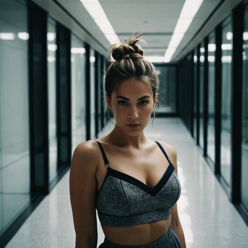 Elegant Woman in Modern Glass Hallway