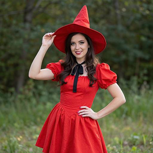 Photograph of a smiling woman with fair skin, dark brown hair, and red dress, wearing a red witch hat, standing in a green forest,