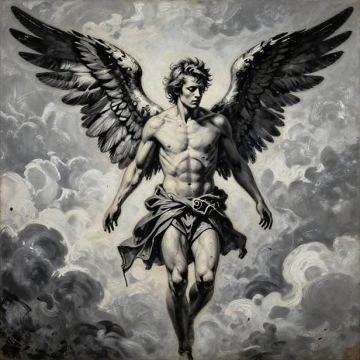 Monochrome digital painting of a muscular angel with large, detailed black wings, standing amidst dramatic, swirling clouds, wearing a draped cloth around his waist.