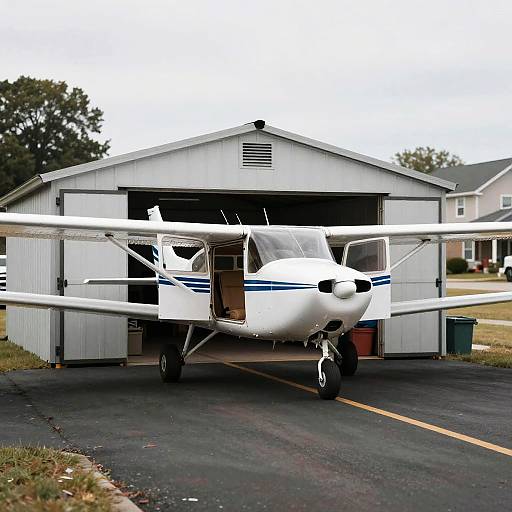 Small Blue-White Airplane in Suburban Shed