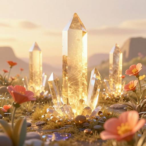 Photograph of glowing, golden crystal formations surrounded by vibrant pink flowers and moss, set against a soft, sunset-lit background.