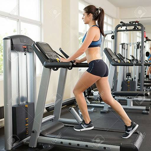 Photograph of a fit, tan-skinned woman with dark hair in a ponytail, wearing a blue sports bra and black shorts, running on a