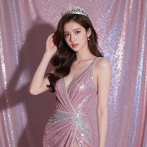 Elegant Woman in Sparkly Pink Dress with Silver Tiara