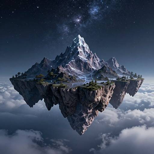 Digital artwork of a floating mountain island with snow-capped peaks, surrounded by clouds, and a starry night sky above.