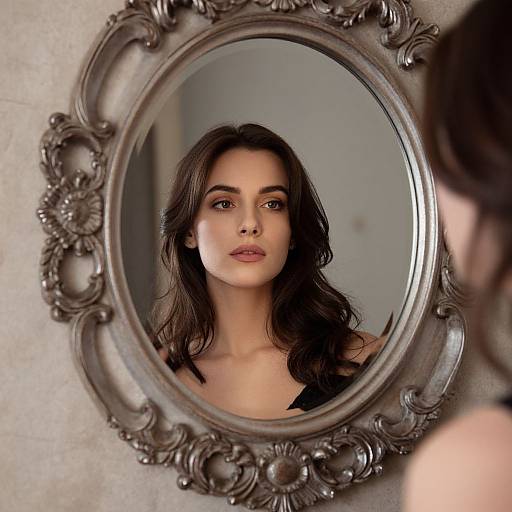 Photograph of a woman with dark wavy hair reflected in an ornate, oval, vintage-style mirror with intricate floral carvings. She wears