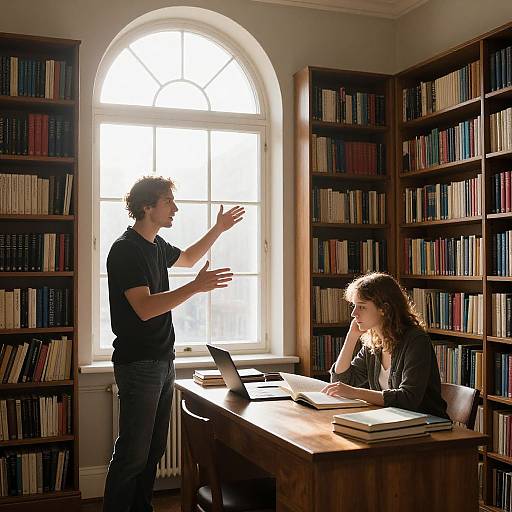 Photograph of a sunlit library with arched window, young man gesturing to a woman with long hair sitting at a wooden table, laptop and