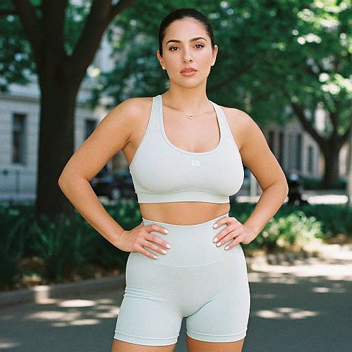 Photograph of a fit, light-skinned woman with dark hair in a bun, wearing a white sports bra and high-waisted shorts, standing