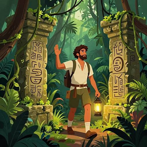 Digital illustration of a bearded man with brown hair, wearing a white shirt and khaki shorts, waving at ancient stone pillars with hieroglyphs