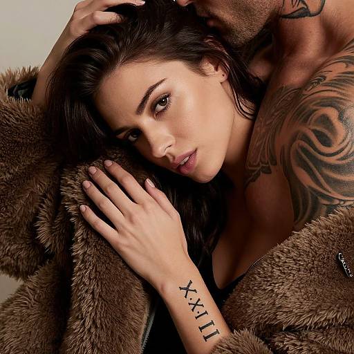 Photograph of a tattooed woman with dark hair, brown fur coat, and Roman numeral tattoo on her hand, gazing seductively.