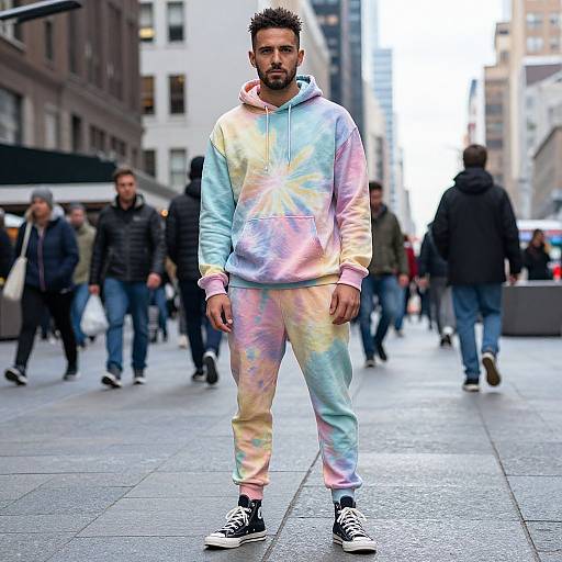 Photograph of a bearded man with spiky hair, wearing a colorful tie-dye hoodie and pants, black sneakers, standing in a busy city