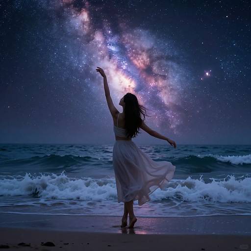 Silhouetted woman in flowing white dress dances on moonlit beach, arms raised, under vibrant starry Milky Way galaxy sky.
