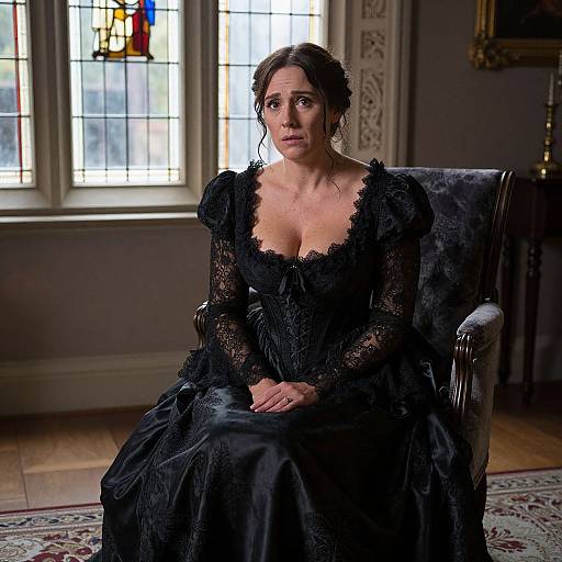 Photograph of a serious woman with dark hair, wearing a black lace Victorian dress, seated in a dimly lit room with stained glass windows.