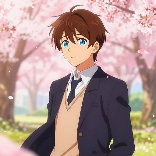Anime-style drawing of a young boy with brown hair and blue eyes, wearing a dark blazer, white shirt, and beige v-neck sweater, standing