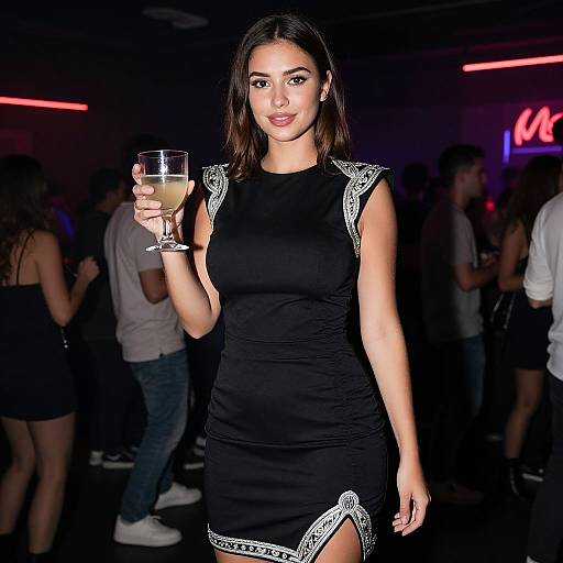 Photograph of a woman with medium skin tone, straight dark brown hair, wearing a black dress with white diamond-shaped embellishments, holding a glass of