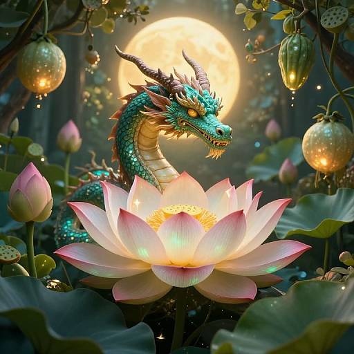 Digital artwork of a vibrant green dragon with sharp horns, glowing eyes, and scales, coiled around a glowing pink lotus flower, surrounded by lantern