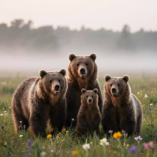Smiling Bear Family in Misty Meadow